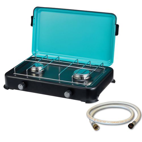 Plaque de cuisson gaz 2 feux 2350W Cuisinière à gaz portable, Plaque à gaz Butane/Propane Bruleurs inox tuyau gaz INTEC