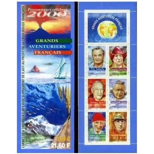 France 2000, Très Belle Bande Carnet Grands Aventuriers, Timbres Neuf** Luxe Yvert 3348, Timbres 3342 Tabarly 3343 A. David-Neel, 3344 Tazieff, 3345 Paul Émile Victor, 3346 Cousteau, 3347 Casteret.