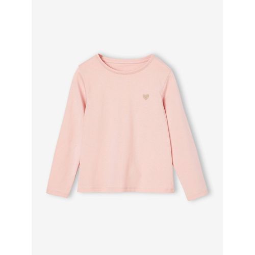 T-Shirt Basics Coeur Pailleté Manches Longues Fille Rose Poudré