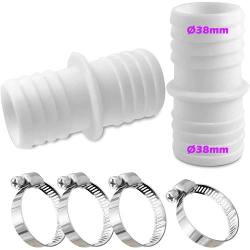 SHIBA-Lot de 4 raccords de tuyau de 38 mm en acier inoxydable - Blanc - Adaptateur pour tuyau de piscine - Double embout (2 pièces[1
