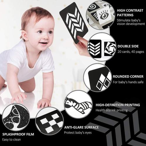 DYG Carte Flash pour bébé à contraste élevé, cartes d'activité  d'apprentissage par Stimulation visuelle pour 3 à 6 mois, jouets pour bébé,  20 pièces, cadeau pour bébé, 20 pièces