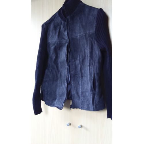 Veste Femme Noire Croute Cuir &amp Manches Longues Tricot Taille 38/40 Idée Cadeau