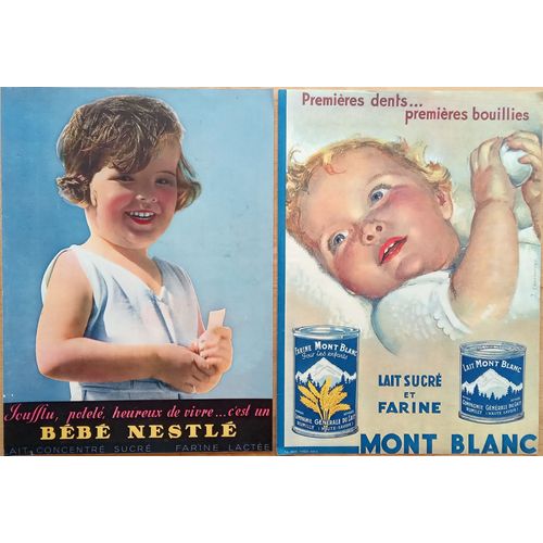 Lot 2 Affiches Publicité Ancienne Couleur Années 30 : Bébés Nestlé Et Lait Mont-Blanc Jules Courvoisier (Vintage French Advertising)