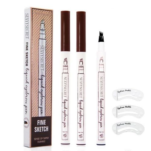 Lot De 2 Crayons À Sourcils 3d Étanches Pour Microblading, Nouveauté 2025 (Avec Pochoirs), Stylo À Sourcils Précis À 4 Pointes, Résistant À L'eau Et Longue Durée (2 Pièces Marron Foncé). 
