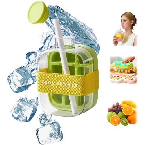 Bouteille à glaçons, bac à glaçons 2 en 1 sans contact, bouteille d'eau avec couvercle et bac, machine à glaçons, glaçons faciles à presser et à libérer, bac pour café, jus et boissons (vert, 500 ml)