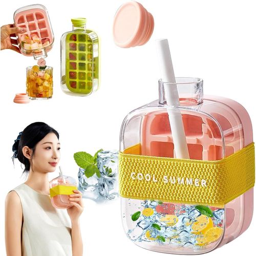 Gobelet À Glaçons My Crush Cup, Bouteille À Glaçons, Bac À Glaçons Pour Bouteille D'eau, Gobelet À Glaçons Cool Summer, Bac À Glaçons 2 En 1 Sans Contact Avec Paille Et Sangle (500 Ml, Rose)