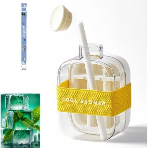 Gobelet À Glaçons Cool Summer, Bouteille À Glaçons Avec Paille, Bac À Glaçons 2 En 1 Avec Couvercle Et Bac, Libération De La Glace En Une Seule Touche (Blanc, 500 Ml)