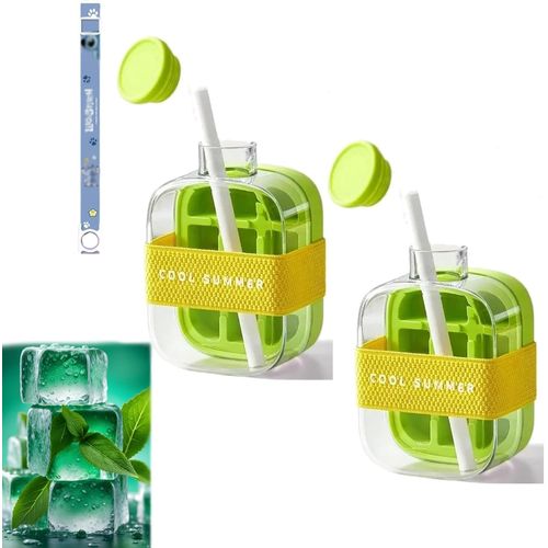 Bouteille De Glace Cool Summer, Bouteille À Glaçons Avec Paille, Bac À Glaçons 2 En 1 Avec Couvercle Et Bac, Libération De La Glace En Une Seule Touche Sans Contact (Vert X 2, 500 Ml)