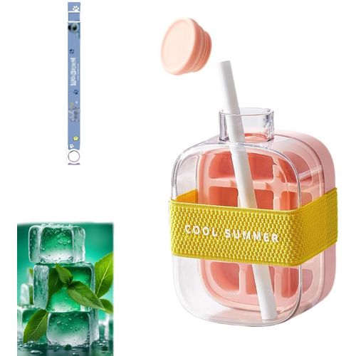 Gobelet À Glaçons Cool Summer, Bouteille À Glaçons Avec Paille, Bac À Glaçons 2 En 1 Avec Couvercle Et Bac, Libération De La Glace En Une Seule Touche (Rose, 500 Ml)