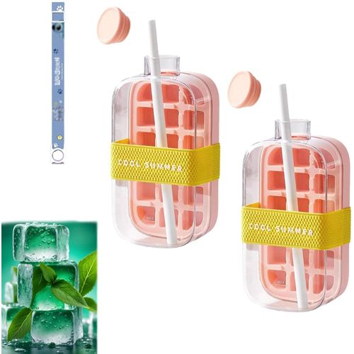 Bouteille De Glace Cool Summer, Bouteille À Glaçons Avec Paille, Bac À Glaçons 2 En 1 Avec Couvercle Et Bac, Libération De La Glace En Une Seule Touche Sans Contact (Rose X 2, 800 Ml)