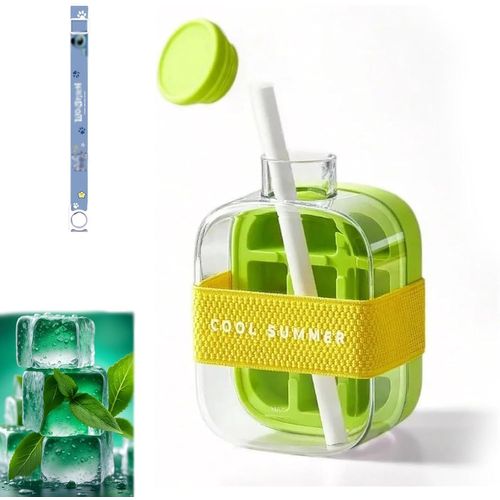 Gobelet À Glaçons Cool Summer, Bouteille À Glaçons Avec Paille, Bac À Glaçons 2 En 1 Avec Couvercle Et Bac, Libération De La Glace En Une Seule Touche Sans Contact (Vert, 500 Ml)