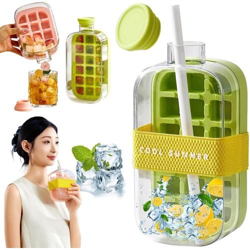 Gobelet À Glaçons My Crush Cup, Bouteille À Glaçons, Bac À Glaçons Pour Bouteille D'eau, Gobelet À Glaçons Cool Summer, Bac À Glaçons 2 En 1 Sans Contact Avec Paille Et Sangle (800 Ml, Vert)