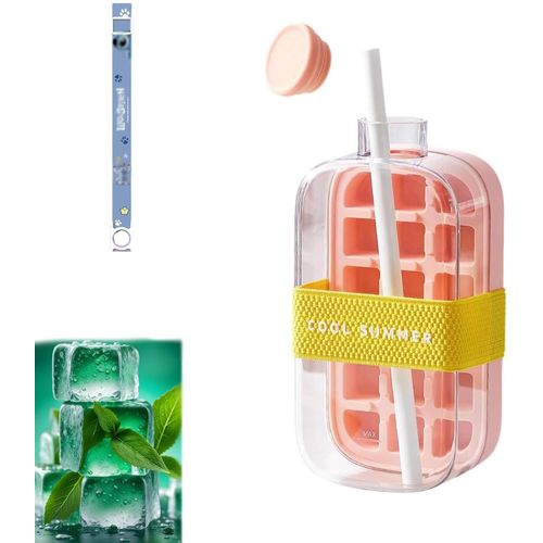 Gobelet À Glaçons Cool Summer, Bouteille À Glaçons Avec Paille, Bac À Glaçons 2 En 1 Avec Couvercle Et Bac, Libération De Glace En Une Seule Touche (Rose, 800 Ml)