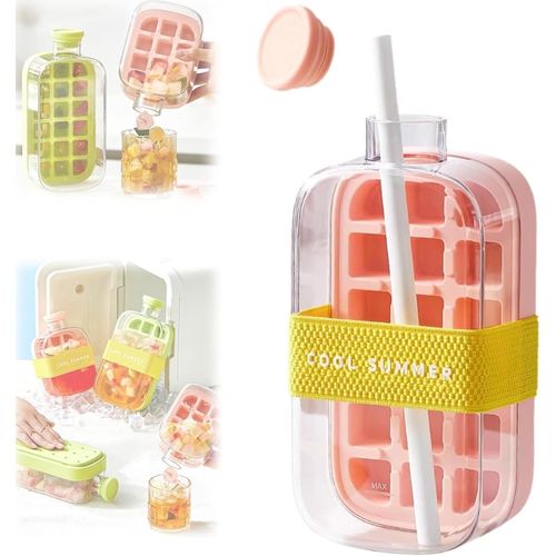 Bouteille à glaçons 2 en 1 sans contact avec couvercle et bac à glaçons, bouteille en silicone pour machine à glaçons, pour congélateur, café, jus, boissons (rose 800 ml)