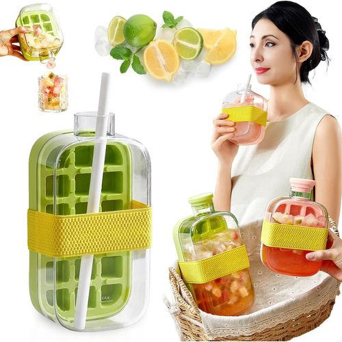 Bouteille À Glaçons Avec Presse Sans Contact ¿ Bouteille D'eau Et Bac À Glaçons 2 En 1, Moule À Glaçons Facile À Démouler Pour Congélateur, Bouteille À Glaçons Cool Summer (Vert, 800 Ml)