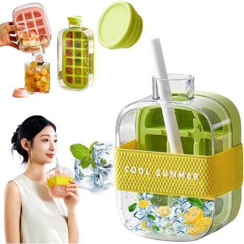Gobelet À Glaçons My Crush Cup, Bouteille À Glaçons, Bac À Glaçons Pour Bouteille D'eau, Gobelet À Glaçons Cool Summer, Bac À Glaçons 2 En 1 Sans Contact Avec Paille Et Sangle (500 Ml, Vert)