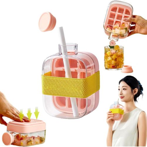 Bouteille de glace, bouteille de glaçons, bac à glaçons pour bouteille d'eau, bac à glaçons 2 en 1 sans contact, bouteille d'eau avec paille, machine à glaçons pour la fabrication d'alcool, de jus et