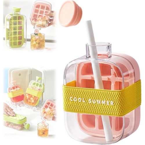 Bouteille à glaçons 2 en 1 sans contact avec couvercle et bac à glaçons, bouteille en silicone pour machine à glaçons, bac à glaçons et démoulage facile pour congélateur, café, jus, boissons (rose 500