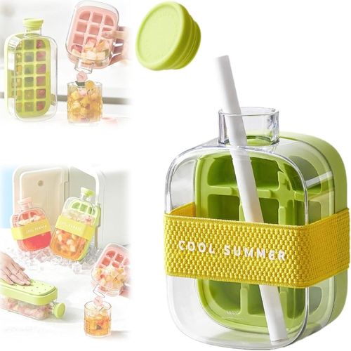 Bouteille à glaçons 2 en 1 sans contact avec couvercle et bac à glaçons, bouteille en silicone pour machine à glaçons, bac à glaçons et démoulage facile pour congélateur, café, jus, boissons (vert 500