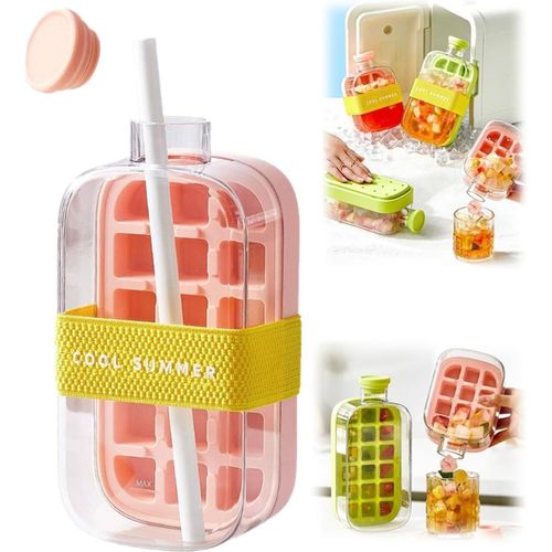 Bouteille à glaçons 2 en 1, gobelet à glace et à eau, bac à glaçons en silicone, presse à glaçons, machine à glaçons pour congélateur, jus, boissons (rose, 18 compartiments/800 ml)