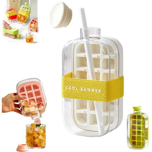 Bouteille à glaçons 2 en 1, bac à glaçons en silicone, presse à glaçons, machine à glaçons pour congélateur, jus, boissons (blanc, 18 compartiments/800 ml)