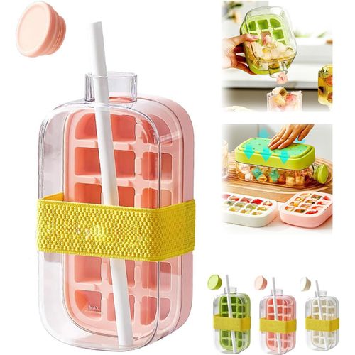 Bouteille et bac à glaçons 2 en 1, machine à glaçons sans contact, moule en silicone flexible pour glaçons rapides et boissons rafraîchissantes (rose, 800 ml)