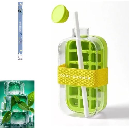 My Crush Cup Ice, Gobelet À Glaçons Cool Summer, Bouteille À Glaçons Avec Paille, Bac À Glaçons 2 En 1 Avec Couvercle Et Bac, Démoulage De Glace En Une Seule Touche (Vert, 800 Ml)
