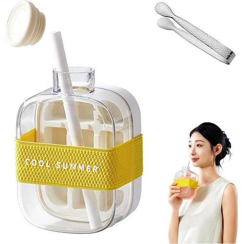 Gobelet À Glaçons Cool Summer, Bac À Glaçons Pour Bouteille D'eau, Bac À Glaçons Sans Contact Avec Paille Et Poubelle (1 Pièce, Blanc, 500 Ml)