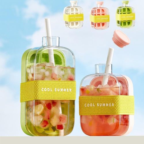 Bouteille De Glace Archiwhimsy, 500/800 Ml, Moule À Glaçons Cool Summer Zero Touch Avec Paille, Bac À Glaçons 2 En 1 Sans Contact, Bouteille D'eau Avec Couvercle Et Bac, Moule À Glaçons Facile À Démou