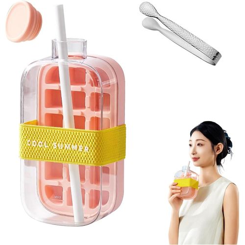 Gobelet À Glaçons Cool Summer, Bac À Glaçons Pour Bouteille D'eau, Bac À Glaçons Sans Contact Avec Paille Et Poubelle (1 Pièce Rose, 800 Ml)