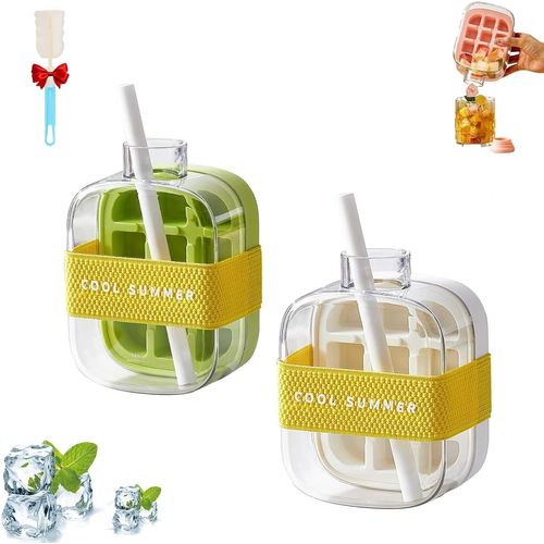 Gobelet À Glaçons Cool Summer, Bac À Glaçons, Bouilloire À Glaçons 2 En 1 Sans Contact Avec Paille, Moules À Glaçons Flexibles, Anti-Fuite, Pour Café, Jus, 790 Ml (Vert + Blanc, 500 Ml)