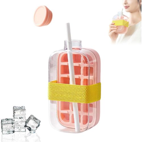 Bouteille à glaçons ¿ Bac à glaçons et bouteille d'eau 2 en 1 sans contact avec couvercle, machine à glaçons verticale à dégagement facile pour congélateur (rose, 800 ml)