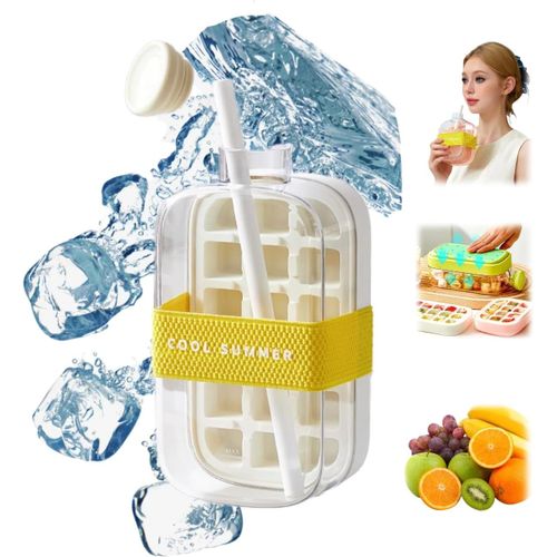Bouteille à glaçons, bac à glaçons 2 en 1 sans contact, bouteille d'eau avec couvercle et bac, machine à glaçons, glaçons faciles à presser et à libérer, bac pour café, jus et boissons (blanc, 800 ml)