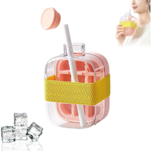 Bouteille à glaçons ¿ Bac à glaçons et bouteille d'eau 2 en 1 sans contact avec couvercle, machine à glaçons verticale à dégagement facile pour congélateur (rose, 500 ml)