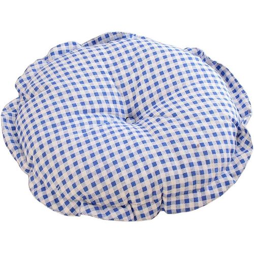 Coussin de sol rond et doux style bohème à volants, coussin de chaise en coton et lin imprimé, idéal pour la méditation, le yoga, le salon ou le balcon (grille bleue, 45,7 x 45,7 x 12,7 cm).