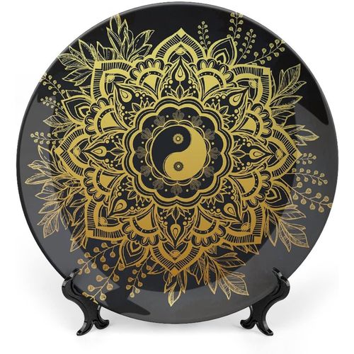Assiette Décorative Ronde En Porcelaine Dorée De 18 Cm, Motif Mandala, Motif Fleurs Et Feuilles De Jardin Indien, Symbole Yin Et Yang, Décoration Murale En Céramique Pour La Maison Et Le Bureau