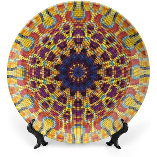 Assiette Décorative 7 Pouces, Assiette En Céramique Jaune Mandala, Motifs Géométriques En Mosaïque Et Fleurs, Décoration Murale Indienne En Céramique Pour La Maison Et Le Bureau, Multicolore