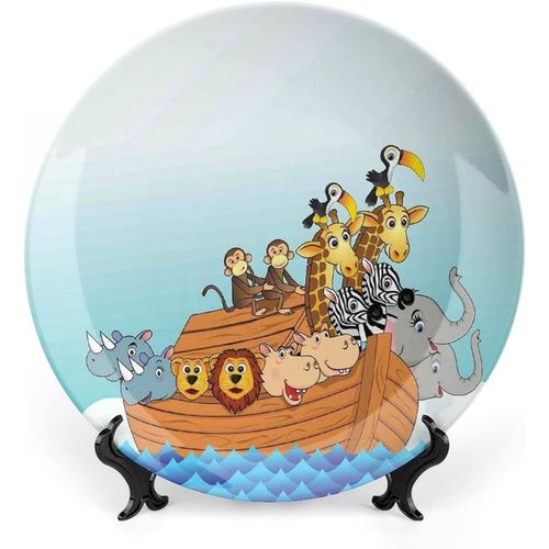 Assiette Décorative De 20 Cm, Motif Dessin Animé, Motif Arche Dans Les Vagues De L'eau De Mer, Motif Girafe Et Éléphant, Décoration Murale En Céramique, Accessoire Pour Table À Manger, Décoration D'in