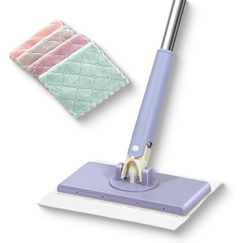 Mini serpillière rotative à 360° avec chiffons réutilisables pour salle de bain et cuisine, changement de serviette sans contact, légère (violet, 71 cm)