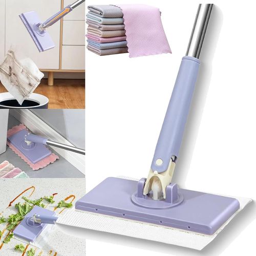 Mini serpillière à changement automatique, serpillière plate mains libres, compatible avec les serviettes de toilette, pour salle de bain et cuisine (violet, longue (93 cm/36,6 po))