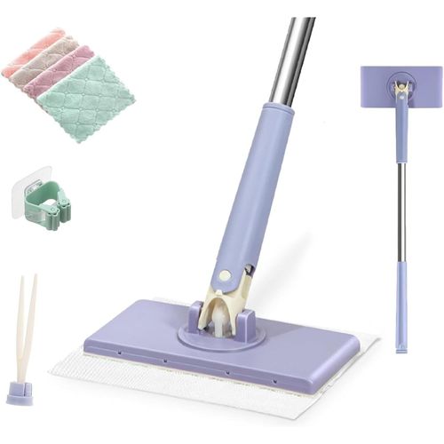 Mini balai à franges à changement automatique, tête rotative à 360°, compatible avec les serviettes de toilette, pour sol, miroir, mur, salle de bain, cuisine (violet, 75 cm)