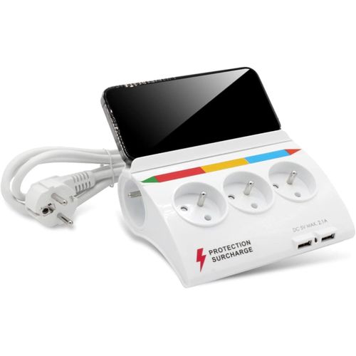 SHIBA-FISHTEC - Multiprise 5 Prises avec Couleur ¿ 2 Ports USB avec Témoin Lumineux, Sécurité de Surcharge, Support pour Téléphone[1