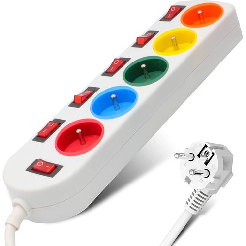 SHIBA-FISHTEC Multiprises Electriques 5 Prises Couleur - Bloc Multiprise Couleur - Interrupteur Général + pour Chaque Sortie + Sti[1