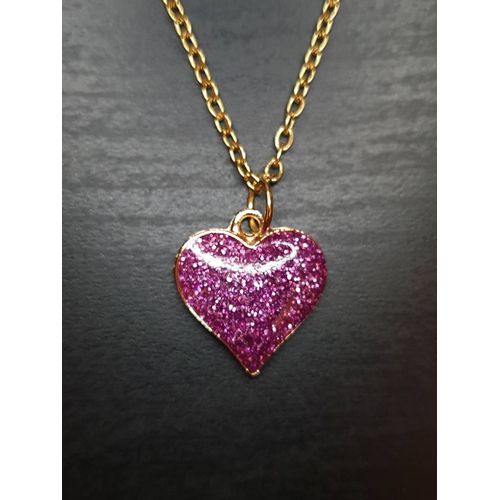 Collier "C?ur Pailleté" Violet En Acier Inoxydable