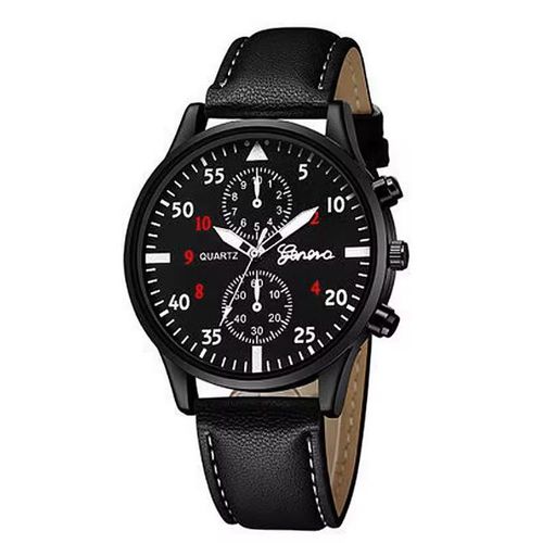 Montre Homme Aviateur Bracelet Façon Cuir Noir Boitier Métal Fond Noir Aiguilles Luminescentes