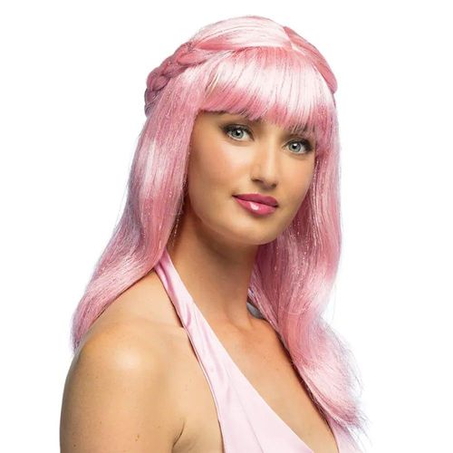 Perruque Paillettes Couronne Tresse Rose Femme