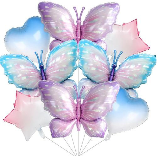 SHIBA-Ballons en Papier Aluminium Papillon, XXL Ballons Papillon, Bleu Violet Ballon Papillon, Ballons Coeur Étoile, pour Enfants [6