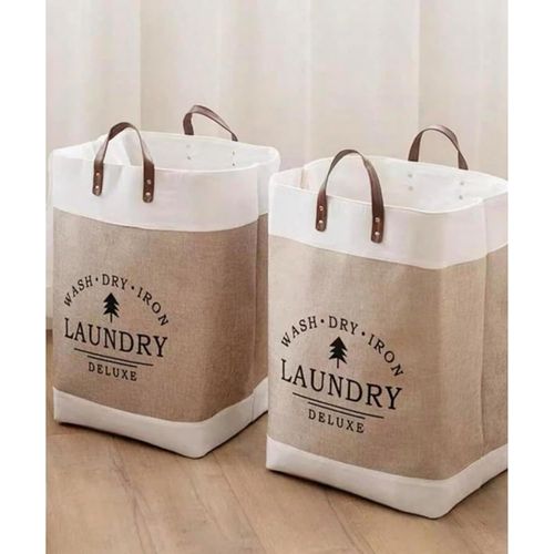 SHIBA-panier à linge LAUNDRY deluxe poignées en cuir sac de rangement pliable pour vêtements et draps en LIN léger à transporter g[1