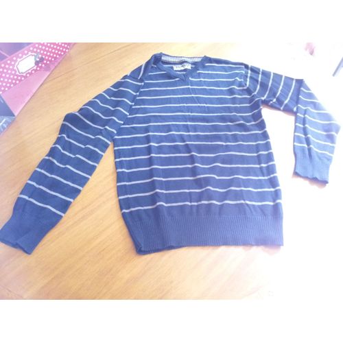 Pull Hpw Noir Rayé Gris Taille 12 Ans , Encolure Légère En V
