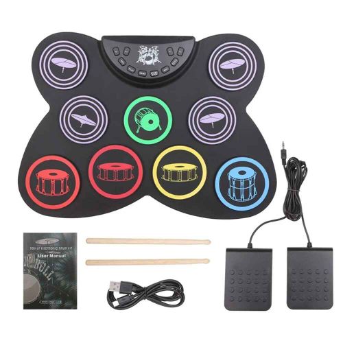 Kit De Batterie Enroulable À 9 Coussinets,Haut-Parleur Intégré,Ensemble De Baguettes Électroniques Enroulables Avec Baguettes,Pédale De Maintien Pour Enfants Débutants - Type 9pads